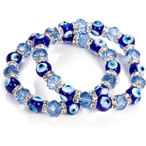 Evil Eye Bead Bracelet - Black Crystal Glass Beads with Gold Accents - Picture 3 of 7